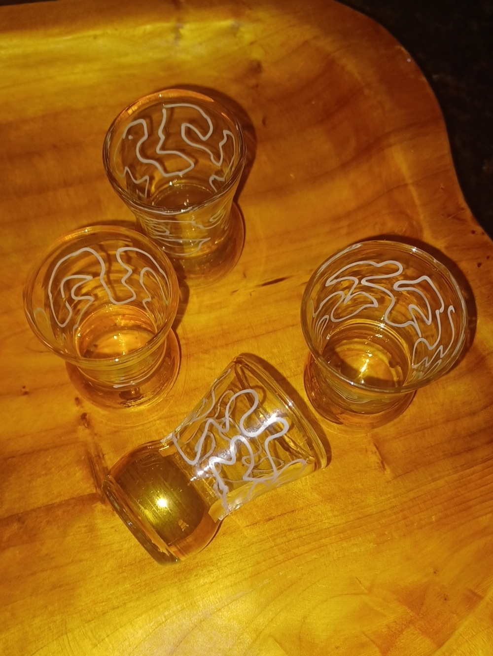 Vintage Mid-Century Hand-Blown Shot Glasses Gold Footed Base Etched Set of 4